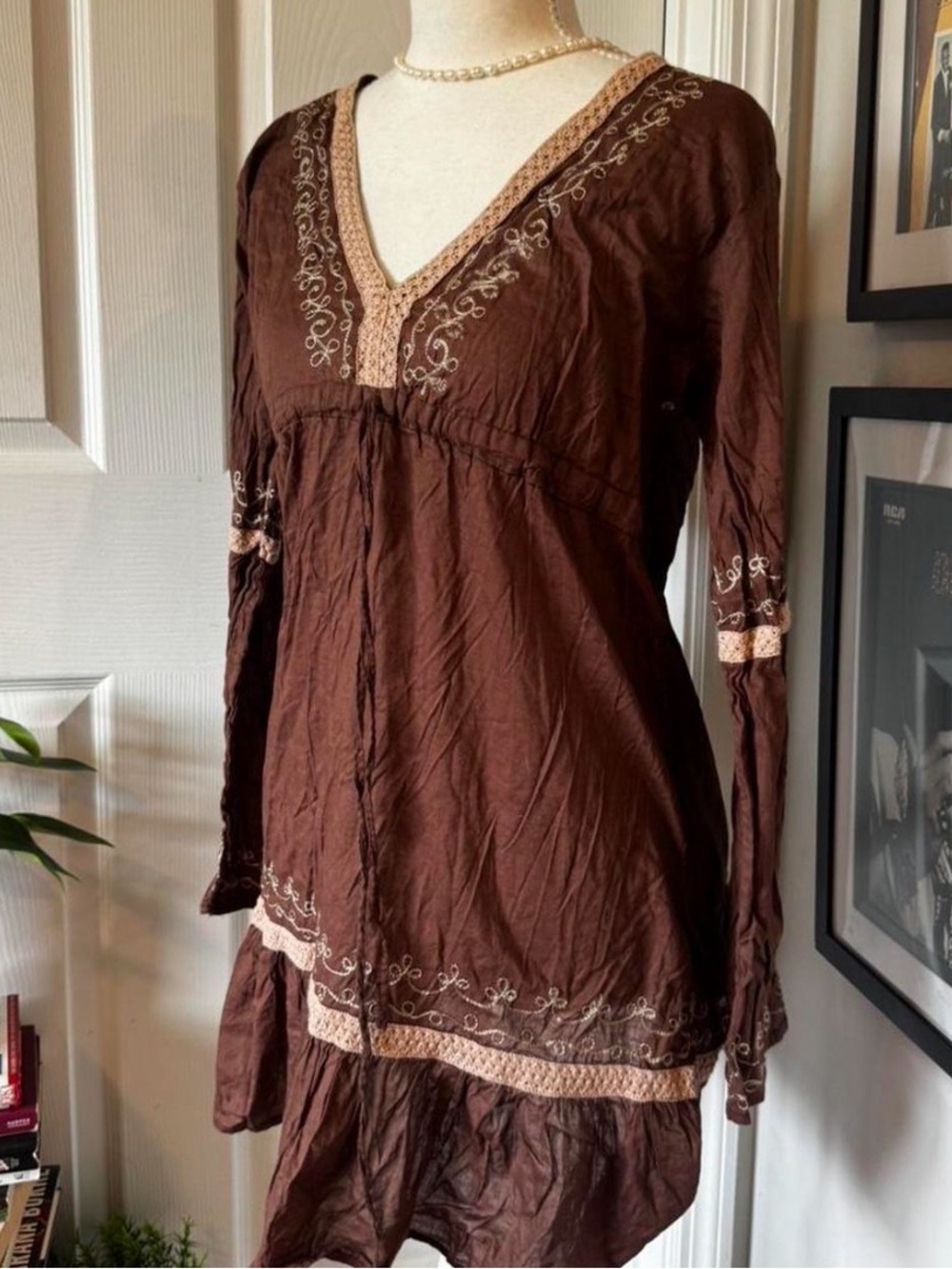 Brown Boho Fairy Embroidered V-Neck Tunic Dress
